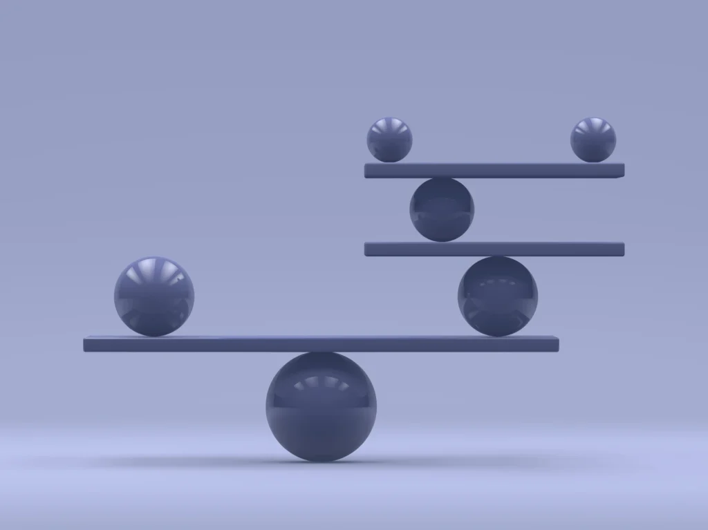 Abstract 3D spheres balancing on bars in purple scene