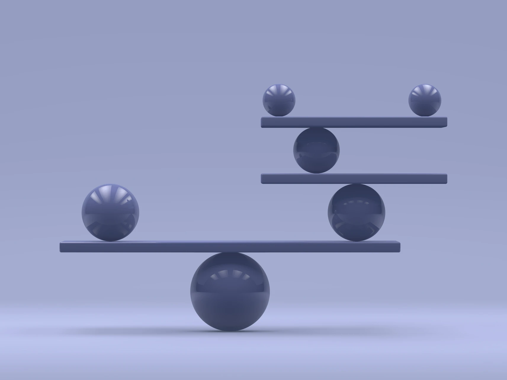 Abstract 3D spheres balancing on bars in purple scene