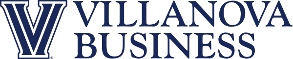Villanova Business logo with large stylized letter V in blue and white