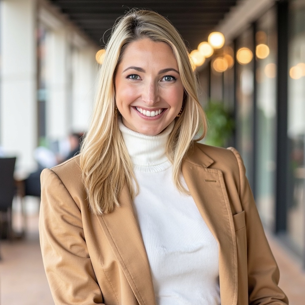 Smiling blonde professional in tan blazer and white turtleneck