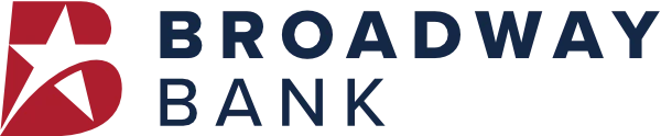 Broadway Bank logo with red emblem letter B and navy text