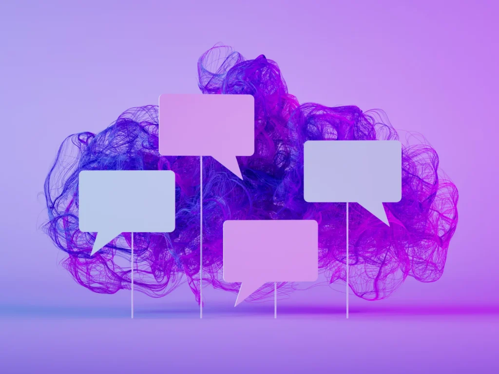 colorful speech bubbles with colorful gradient nebula on purple background