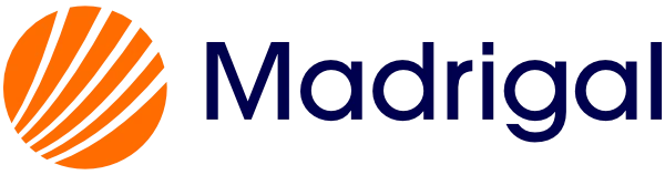 Madrigal logo with orange striped circle and navy text