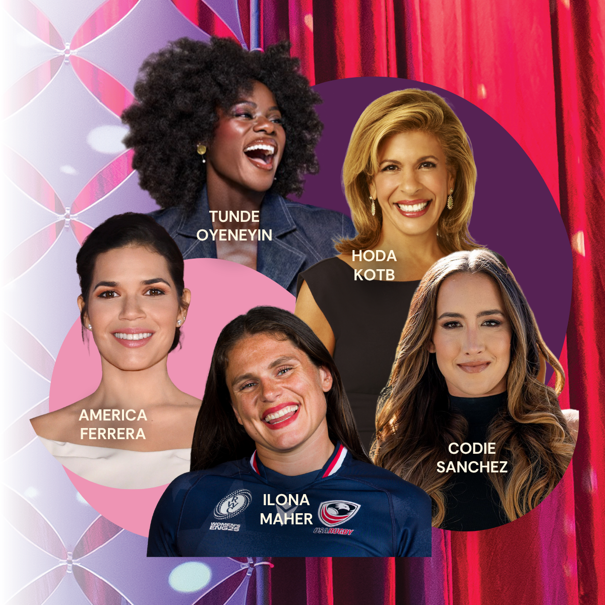 Portrait collage of five influential women with name labels